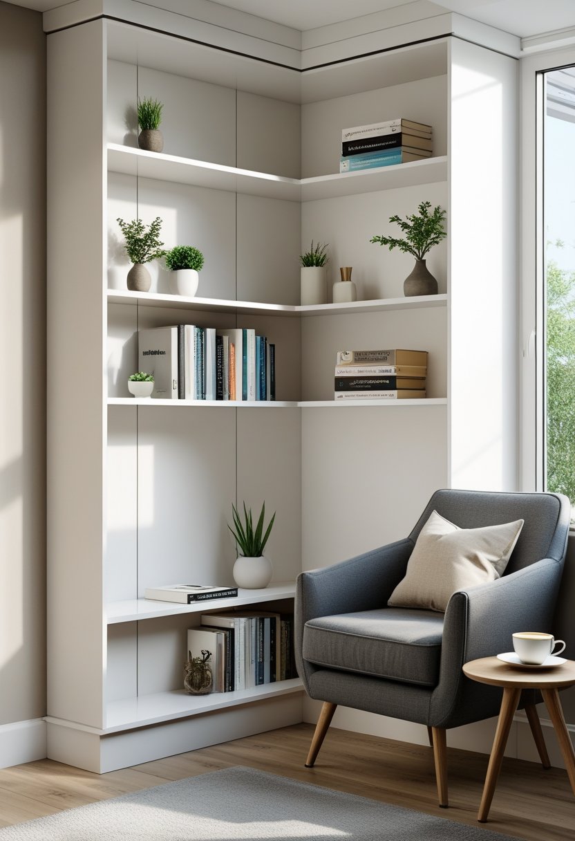 A cozy reading nook with a corner bookshelf filled with books, a comfortable armchair, and a small side table with a cup.